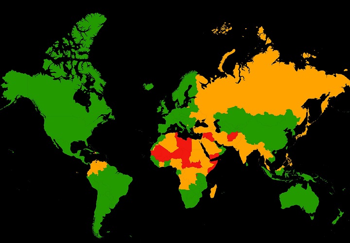 Un mapa que muestra los países más peligrosos del mundo para los turistas